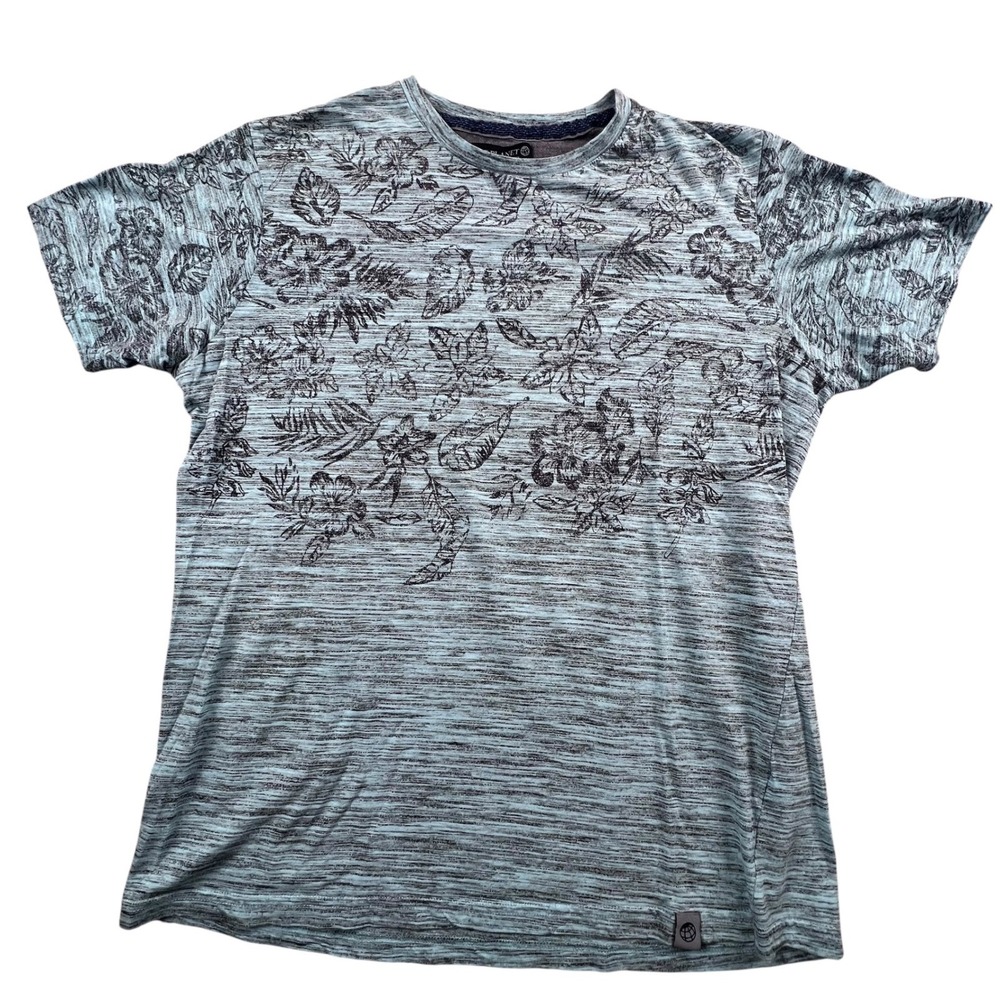 Free Planet T-Shirt Mens L Teal Blue Floral Space Dye Crewneck FT9S74TLB